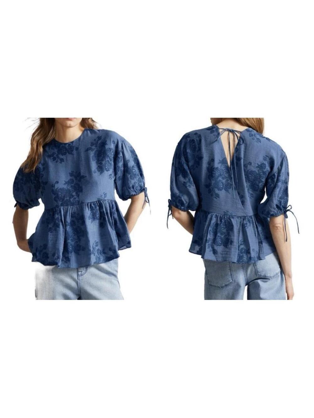 Ted Baker Women's Blue Karin Floral Puff Sleeve Peplum Blouse Size 3